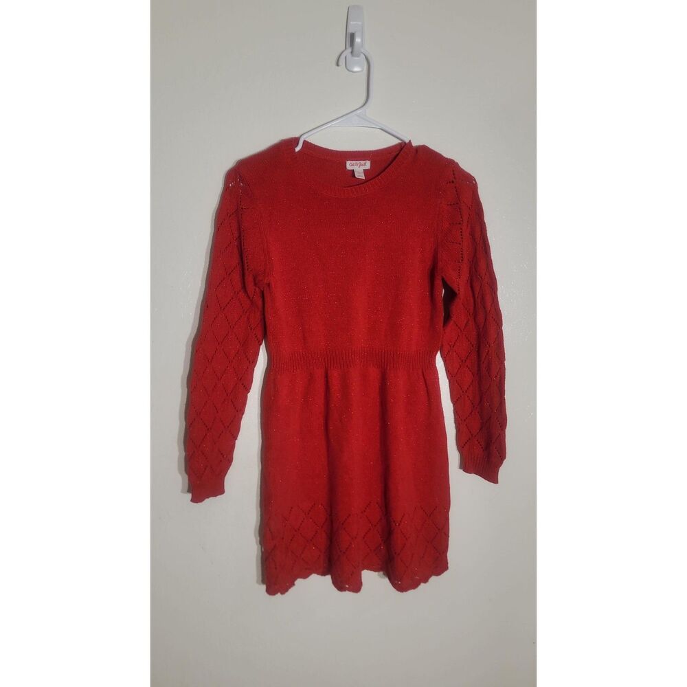 GUC Cat & Jack Girl’s Holiday Red Crochet Knitted Sparkle Dress sz L 10/12